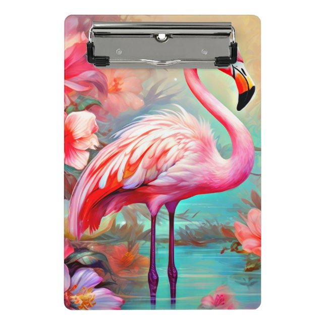 Mini Prancheta Flamingos rosa em um lago com flores-20231 (Frente)