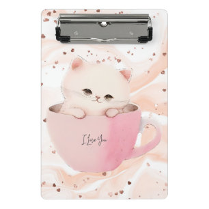 Mini Prancheta Gato branco-rosado em uma taça de chá