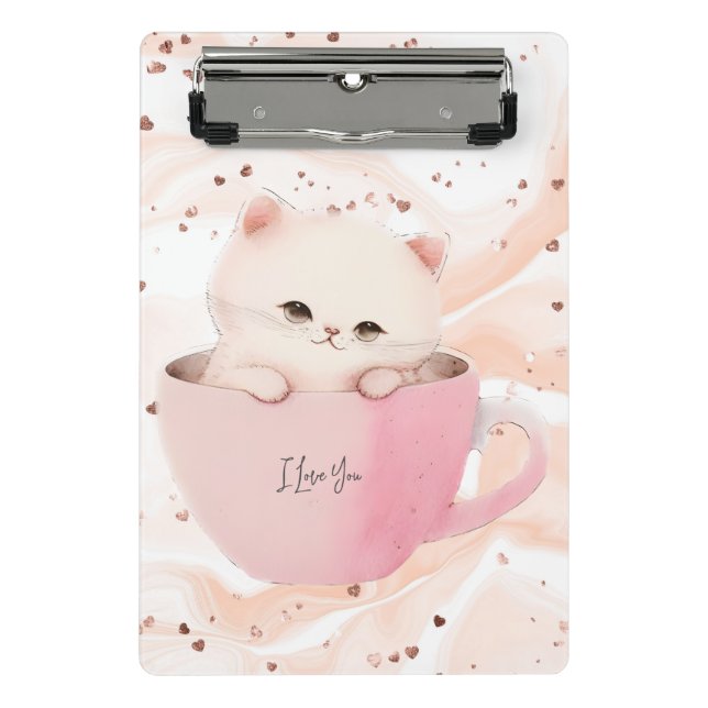 Mini Prancheta Gato branco-rosado em uma taça de chá (Frente)