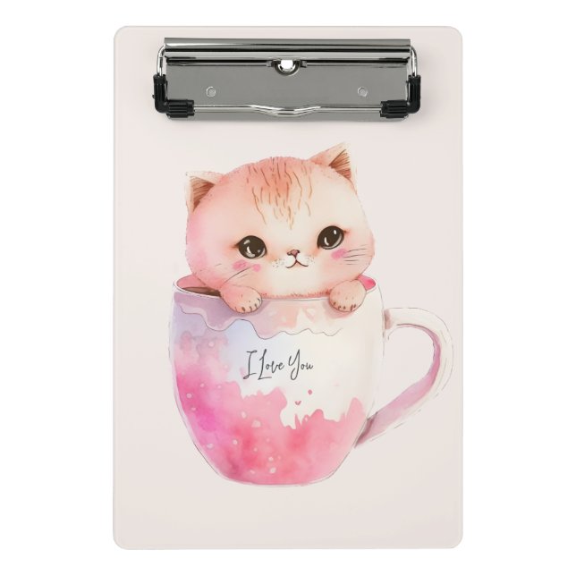 Mini Prancheta Gato branco-rosado em uma taça de chá (2) (Frente)