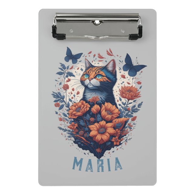Mini Prancheta Gato Floral de Gatinho Simples Personalizado (Frente)