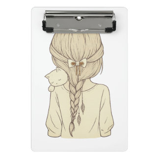 Mini Prancheta Girl with Braid and Cat Illustration – Soft Pastel