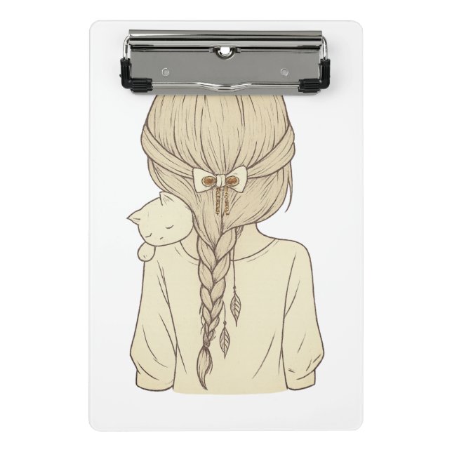 Mini Prancheta Girl with Braid and Cat Illustration – Soft Pastel (Frente)