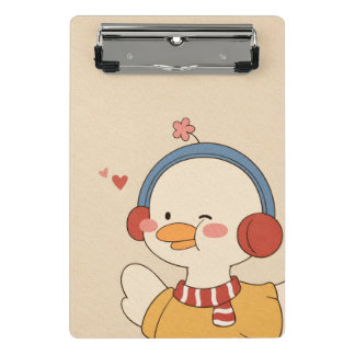 Mini Prancheta Ilustração de Pato Kawaii Fofo com Fones de Ouvido