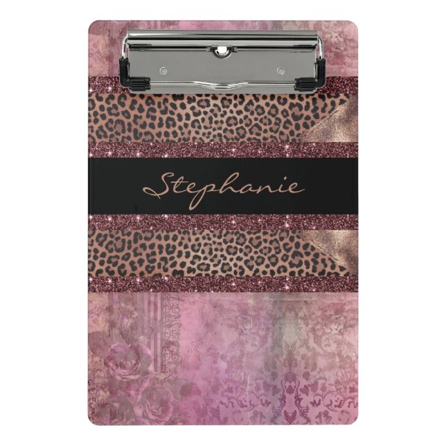 Mini Prancheta Leopardo negro e rosa de ouro Elegante (Frente)