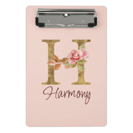 Mini Prancheta Letra Personalizada H Dourado Folha Rosa Bege Rosa