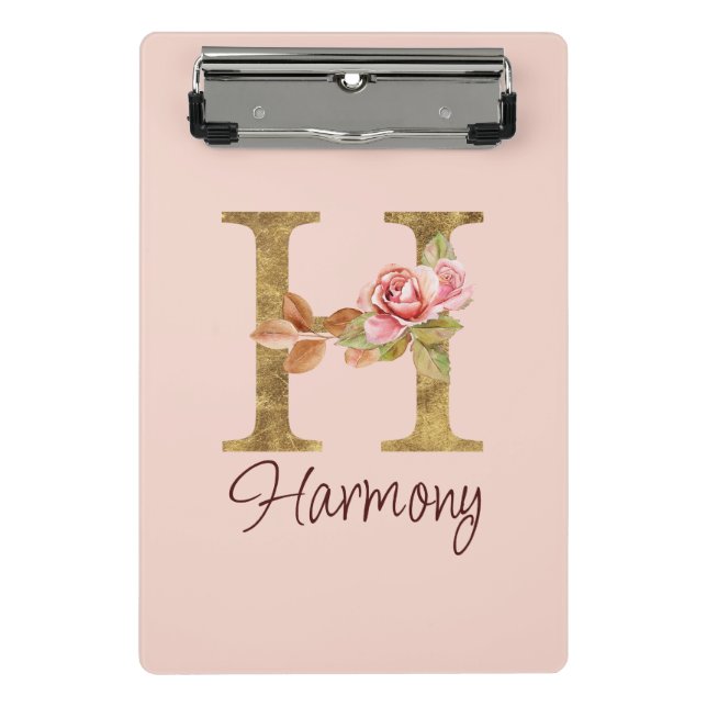 Mini Prancheta Letra Personalizada H Dourado Folha Rosa Bege Rosa (Frente)