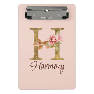 Mini Prancheta Letra Personalizada H Folha Dourada Rosas Rosa Pál
