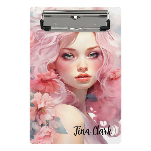 Mini Prancheta Linda Mulher com Cabelo Rosa e Vestido Rosa (Frente)