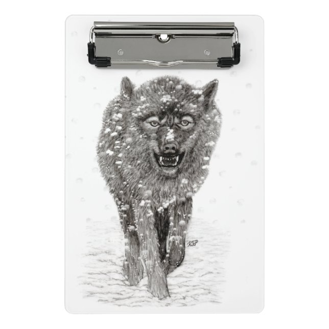 Mini Prancheta Lobo Negro Zangado na Neve, inverno selvagem (Frente)