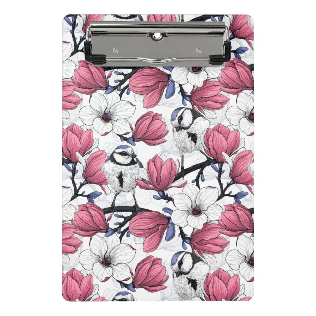 Mini Prancheta Magnólia rosa e pássaros chapim-azul (Frente)