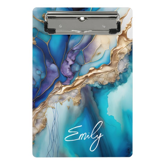 Mini Prancheta Mármore Azul Dourado Nome Personalizado Script (Frente)
