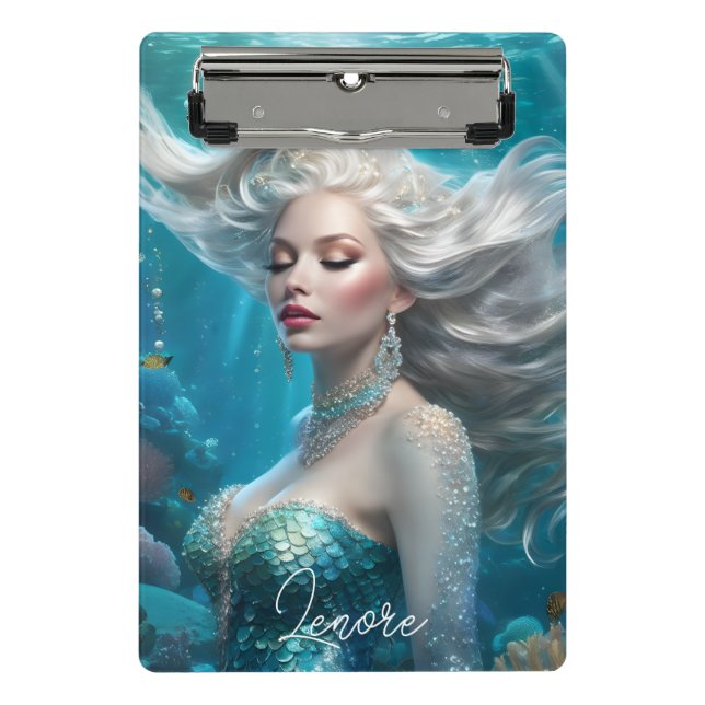 Mini Prancheta Mermaid Silver Hair Turquoise Ocean (Frente)