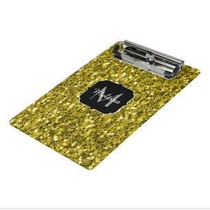 Mini Prancheta Monograma com brilho falso dourado escuro amarelo
