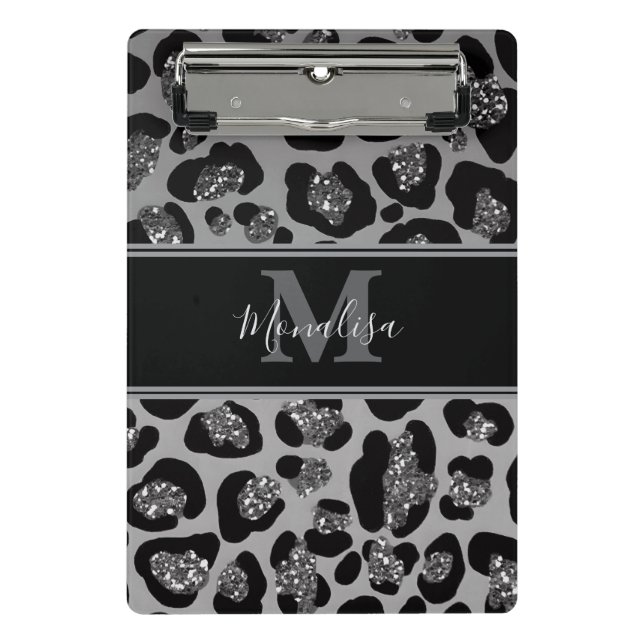 Mini Prancheta monograma de prata e gliteria preta, personalizado (Frente)