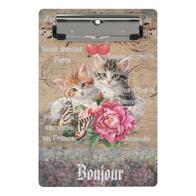 Mini Prancheta Monograma Grunge madeira floral e gatos Francês (Frente)