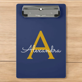 Mini Prancheta Navy Azul Dourado Moderno Script Monograma Nome Fe