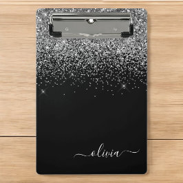 Mini Prancheta Nome de Monograma Glitter Preto Prateado Feminino