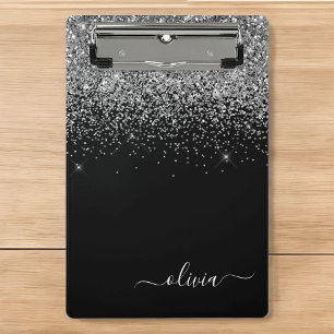 Mini Prancheta Nome de Monograma Glitter Preto Prateado Feminino