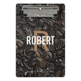 Mini Prancheta Nome do monograma de couro cabeludo castanho-escur