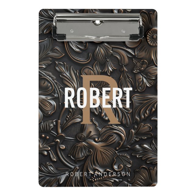 Mini Prancheta Nome do monograma de couro cabeludo castanho-escur (Frente)