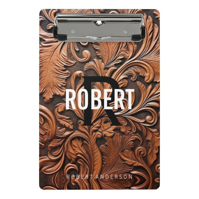 Mini Prancheta Nome do monograma de couro com ferramentas de safr (Frente)