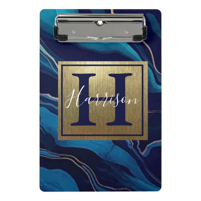 Mini Prancheta Nome Dourado do mármore de agato azul marinho e Mo (Frente)