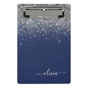 Mini Prancheta Nome Monograma Glitter Azul Marinho Prateado Femin
