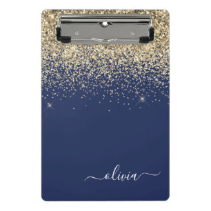 Mini Prancheta Nome Monograma Glitter Dourado Azul Marinho Femini