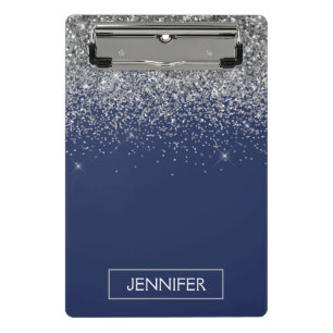 Mini Prancheta Nome Monograma Glitter Feminino Azul Marinho Prata