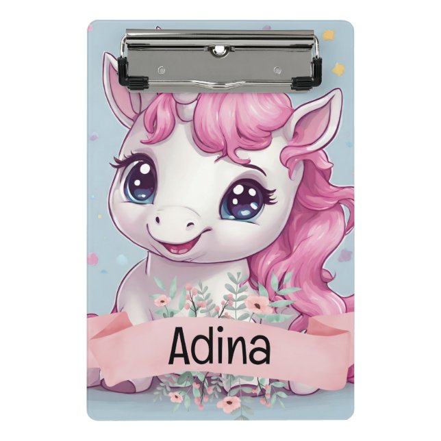 Mini Prancheta Nome Personalizado do Baby Unicorn Stars Rosa Mági (Frente)