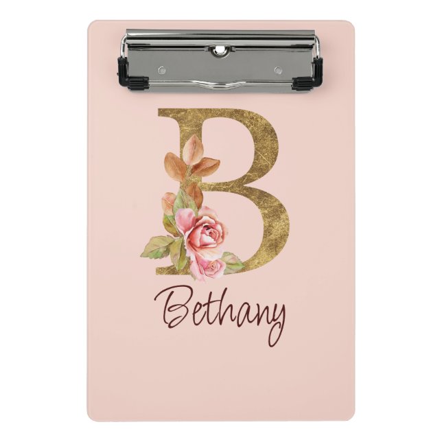 Mini Prancheta Nome Personalizado Folha de Ouro Rosa Bege Rosas L (Frente)