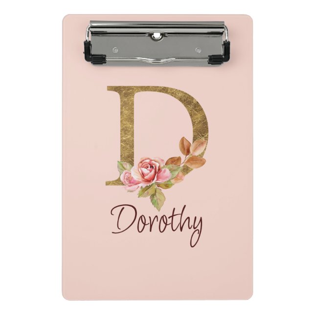 Mini Prancheta Nome Personalizado Folha Ouro Rosas Rosa Espelhada (Frente)