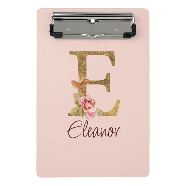 Mini Prancheta Nome Personalizado Letra E Folha Dourada Rosas Ros (Frente)