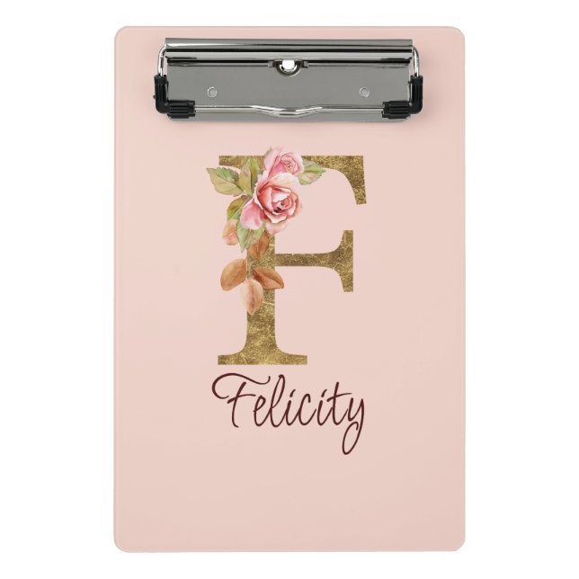 Mini Prancheta Nome Personalizado Letra F Dourado Folha Rosa Cor- (Frente)