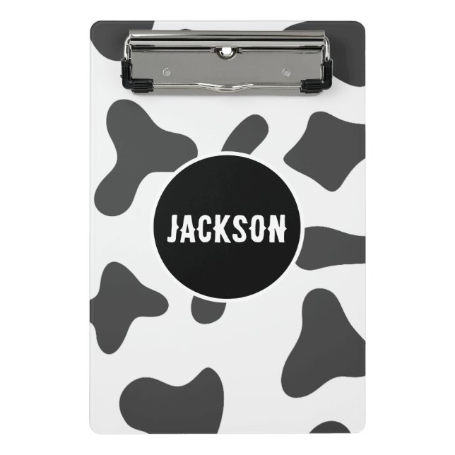 Mini Prancheta Nome Personalizado Moderno Vaca Impressão Black Wh (Frente)