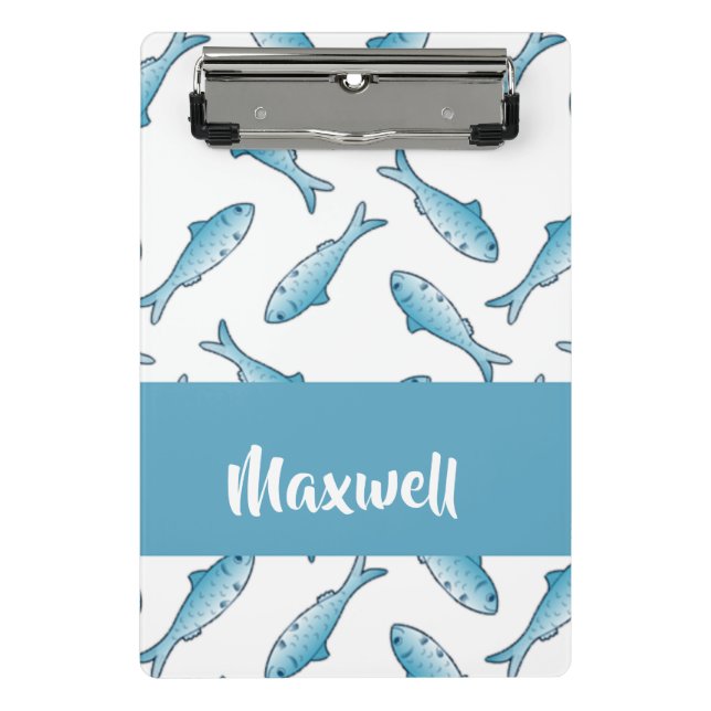 Mini Prancheta Nome personalizado peixe azul em branco (Frente)