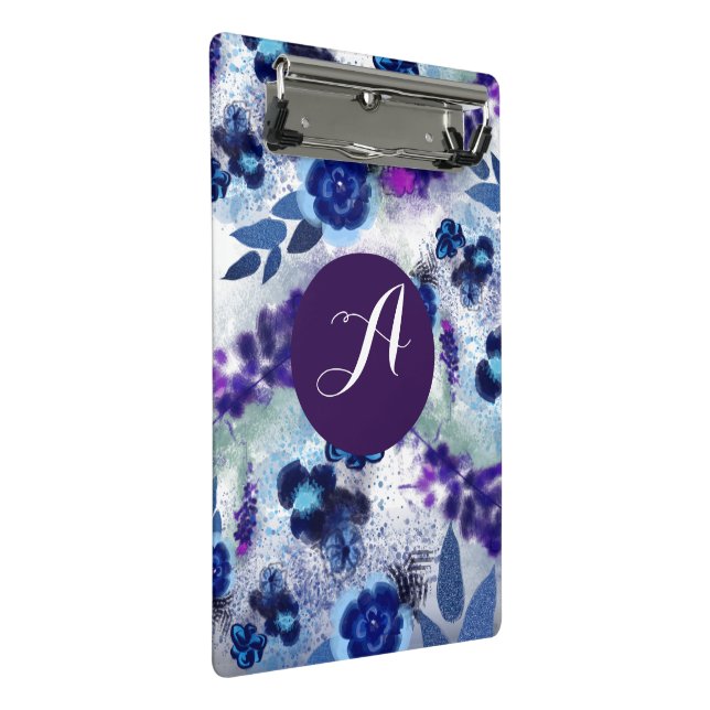 Mini Prancheta Padrão de Flores Azul Roxo Monograma Personalizado (Inclinado)