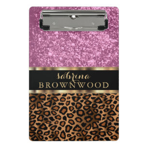 Mini Prancheta Padrão de Pele do Leopardo Marrom e brilho rosa