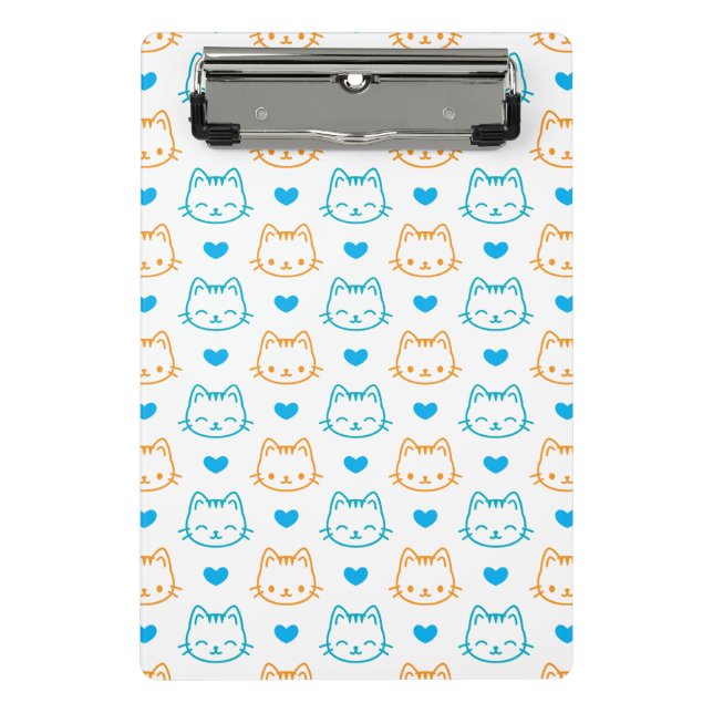 Mini Prancheta Padrão de Rostos de Gato Kawaii Turquesa e Laranja (Frente)