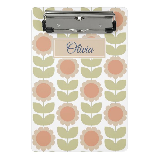 Mini Prancheta Padrão Floral Retro Rosa Pastel Meados do Século (Frente)