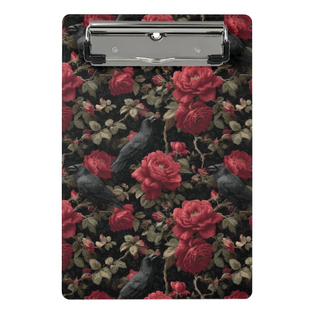 Mini Prancheta Padrão Gótico com Rosas vermelhas e Corvos (Frente)