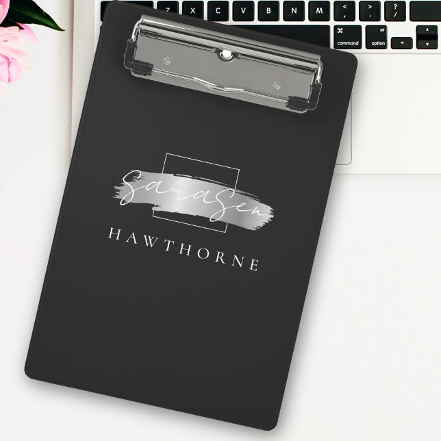 Mini Prancheta Pincel Chic Traço preto Faux Silver Monograma (Criador carregado)