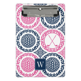 Mini Prancheta Preppy Golf Damask - Balls & Clubs - Navy Hot Pink