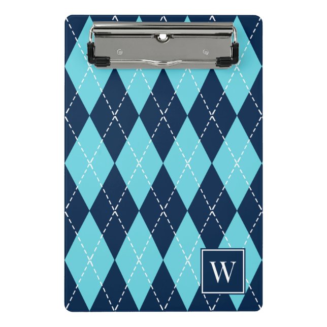 Mini Prancheta Preppy Hand-Stitched Argyle – Azul-Marinho & Turqu (Frente)