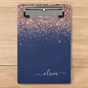Mini Prancheta Rosa Dourado Bege Brilho Monograma Azul Naval