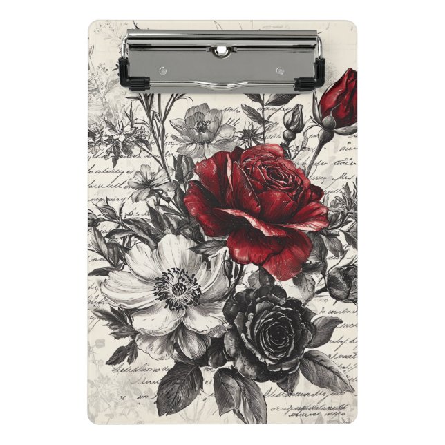 Mini Prancheta Rosa Preta Vermelha Flores de Manuscrito Antigo (Frente)
