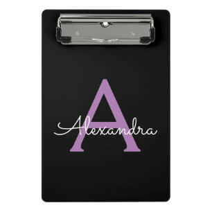 Mini Prancheta Roxo Preto Script Monograma de Nome Feminino