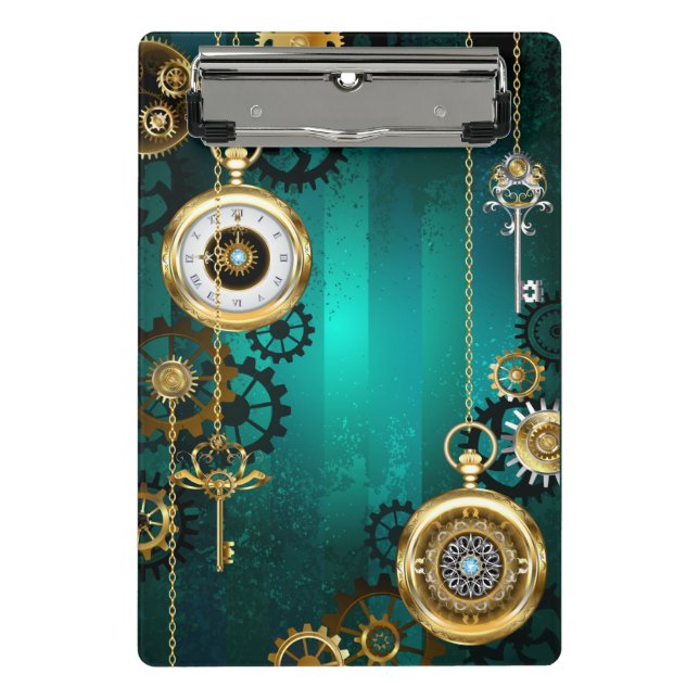 Mini Prancheta Steampunk Jewelry Watch em um fundo verde (Frente)