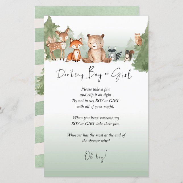 Mini Sinal Boy ou Girl do Chá de fraldas Woodland (Frente/Verso)